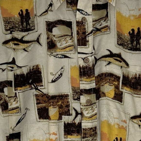 Vintage Woolrich Mens Fishing Fish Hook Print Button Down SS Shirt Beige Size XL - Picture 4 of 11